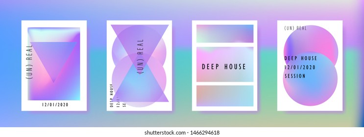 Vaporwave/ retrowave/ synthwave poster set for disco dance party night. Music concert cover, club event flyer invitation with vibrant holographic geometric shapes in punchy juicy pastel tones.