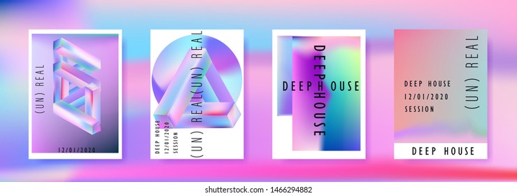 Vaporwave/ retrowave/ synthwave poster set for disco dance party night. Music concert cover, club event flyer invitation with vibrant holographic geometric shapes in punchy juicy pastel tones.