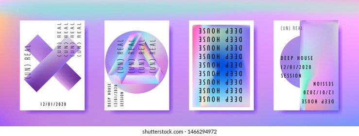 Vaporwave/ retrowave/ synthwave poster set for disco dance party night. Music concert cover, club event flyer invitation with vibrant holographic geometric shapes in punchy juicy pastel tones.