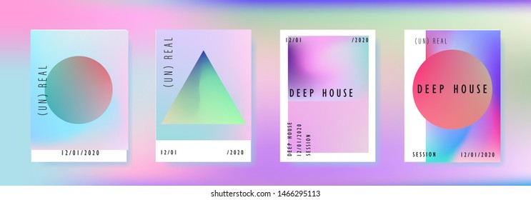 Vaporwave/ retrowave/ synthwave poster set for disco dance party night. Music concert cover, club event flyer invitation with vibrant holographic geometric shapes in punchy juicy pastel tones.