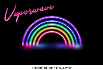 Vaporwave/ retrowave/ synthwave style vector illustration of neon rainbow sign on dark background. Glowing bright light signboard, fluorescent ultraviolet lamp. 