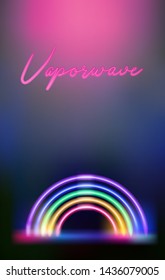 Vaporwave/ retrowave/ synthwave style vector illustration of neon rainbow sign on dark background. Glowing bright light signboard, fluorescent ultraviolet lamp. 