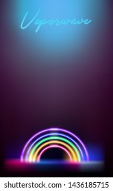 Vaporwave/ retrowave/ synthwave style vector illustration of neon rainbow sign on dark background. Glowing bright light signboard, fluorescent ultraviolet lamp. 