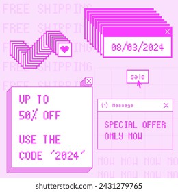 Vaporwave Sale Background. Cool Y2K Style Aesthetics Digital Screen. Sticker Store Collage Vector Illustration. 