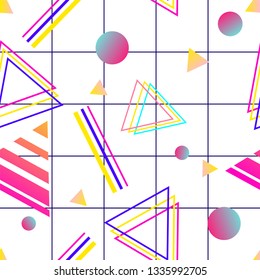 Vaporwave seamless 80's style pattern with geometric shapes. Colorful background with shapes, gradients and text.