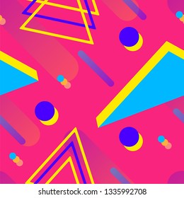 Vaporwave seamless 80's style pattern with geometric shapes. Colorful background with shapes, gradients and text.