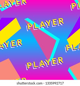 Vaporwave seamless 80's style pattern with geometric shapes. Colorful background with shapes, gradients and text.