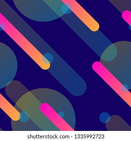Vaporwave seamless 80's style pattern with geometric shapes. Colorful background with shapes, gradients and text.
