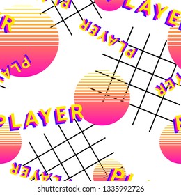 Vaporwave seamless 80's style pattern with geometric shapes. Colorful background with shapes, gradients and text.