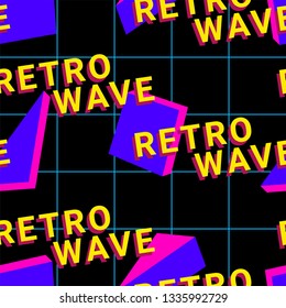 Vaporwave seamless 80's style pattern with geometric shapes. Colorful background with shapes, gradients and text.