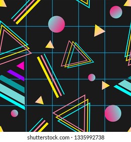 Vaporwave seamless 80's style pattern with geometric shapes. Colorful background with shapes, gradients and text.