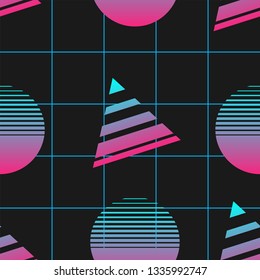 Vaporwave seamless 80's style pattern with geometric shapes. Colorful background with shapes, gradients and text.