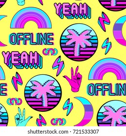 Vaporwave seamless pattern with patches, stickers, badges, pins with palms, words "yeah", "offline", rainbows, etc. Yellow background.
