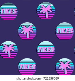 Vaporwave seamless pattern with patches, stickers, badges, pins with palms and words "yikes".
