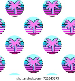 Vaporwave seamless pattern with patches, stickers, badges, pins with palm trees. White background.
