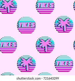 Vaporwave seamless pattern with patches, stickers, badges, pins with palms and words "yikes". Pink background.