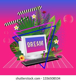 Vaporwave set with computer  and leaves. 3D Background Illustration Inspired by 80 s Scene, synthwave and retrowave music. Vector Illustration.