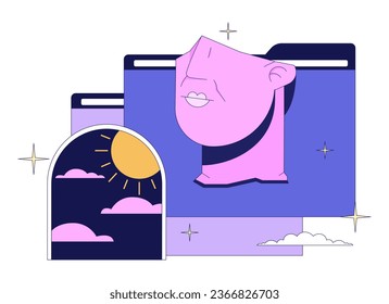 Vaporwave statue head, file folders flat line color isolated vector object. Broken sculpture, surreal arc. Editable clip art image on white background. Simple outline cartoon spot illustration