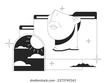 Vaporwave statue head, file folders flat monochrome isolated vector object. Fragmentary colossal head, surreal arc. Editable black and white line art drawing. Simple outline spot illustration - Powered by Shutterstock - Get 15% off with code: PIKWIZARD15