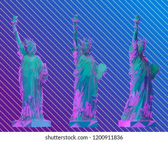 Vaporwave Statue of Liberty Set, New York landmark, American symbol Vector 3D Rendering