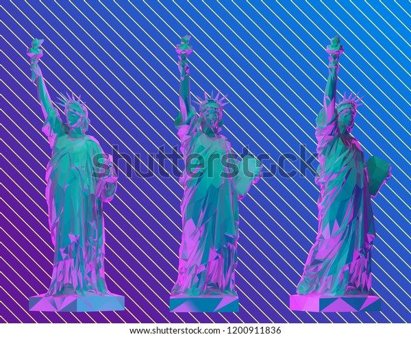 Vaporwave Statue Liberty Set New York 库存矢量图 免版税