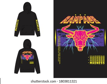 Vaporwave Streetwear Hoodie
Bull with Thunder Illustration, Rampage