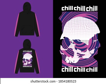 Vaporwave Streetwear Hoodie, 
Dead Skull with Spiral Background Design