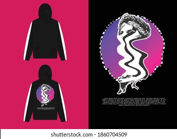 Vaporwave Streetwear Hoodie, 
Glitch Statue Design with a Circle Background