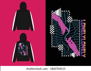 Vaporwave Streetwear Hoodie, 
Hand Gifting Design with Polygonal Background, Lonely