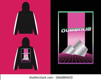 Vaporwave Streetwear Hoodie,
Illustration of Pyramid with Polygonal Terrain, Overdue