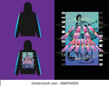 Vaporwave Streetwear Hoodie, An Old Man Stands in Wave Design, Lost Control