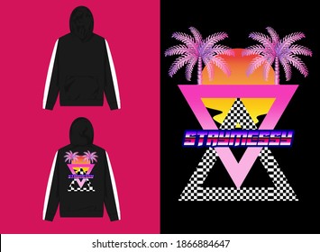 Vaporwave Streetwear Hoodie,
Palm Trees with Sunset and Triange Illustration, Staymessy