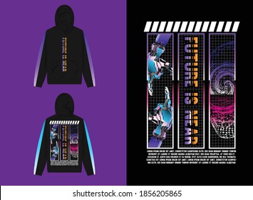 Vaporwave Streetwear Hoodie, 
Robotic Hand and Abstract Spiral Design, Furure Is Near
