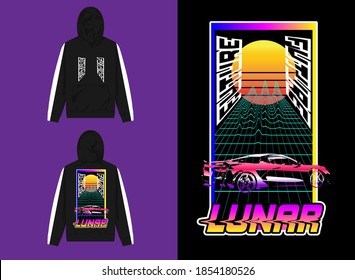 Vaporwave Streetwear Hoodie, 
Silhouette Car Stand in Lunar Design