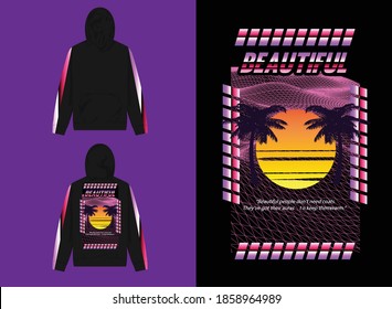 Vaporwave Streetwear Hoodie,
Sunset with Palm Tree Design, Beautiful