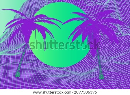 Vaporwave style 3D landscape with distorted laser grid, palm trees and sun. Vector illustration.