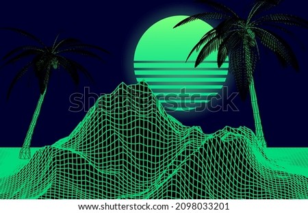 Vaporwave style 3D landscape with distorted laser grid, palm trees and sun. Vector illustration.