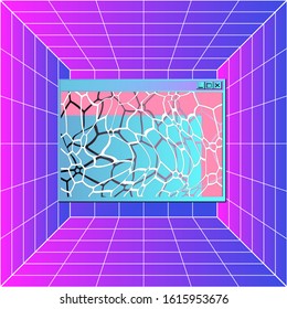 Vaporwave style collage with swimming pool image in console window in 3d room with square grid. Retrofuturistic surreal style vector illustration.