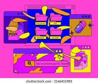 Vaporwave style collage with user interface elements. Vector illustration in neon acid colors.