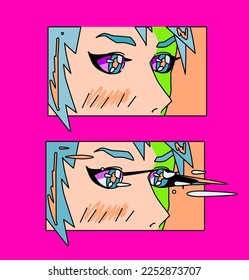 Vaporwave style illustration big sparkling anime eyes female cartoon character  Print for t  shirt  poster  cover 