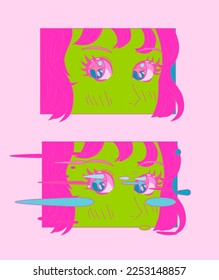 Vaporwave style illustration big sparkling anime eyes female cartoon character  Print for t  shirt  poster  cover 