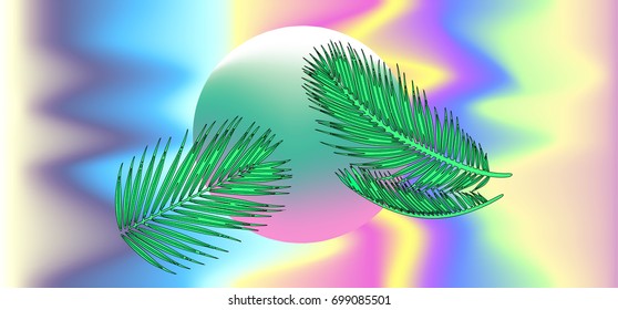 Vaporwave style illustration , glitch art, aesthetic, hype, cute pastel colors, bright gradient, pearly neon objects, pop-culture. Palm leaves.