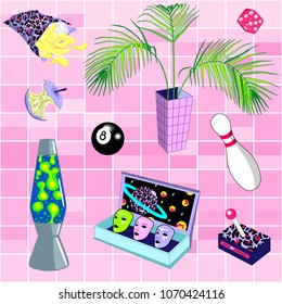 Vaporwave style patches with palm plant, lava lamp, magic eight ball, alien masks, bitten apple, mission control, bag of chips, etc. Vector illustration.