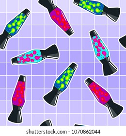 Vaporwave style seamless pattern with lava lamps. Vector illustration.