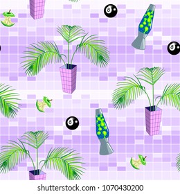 Vaporwave style seamless pattern with palm trees in pots, lava lamps, magic balls, bitten apples. Retro vector wallpaper. 