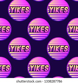 Vaporwave style seamless pattern with word patches "Yikes". Dark blue background.