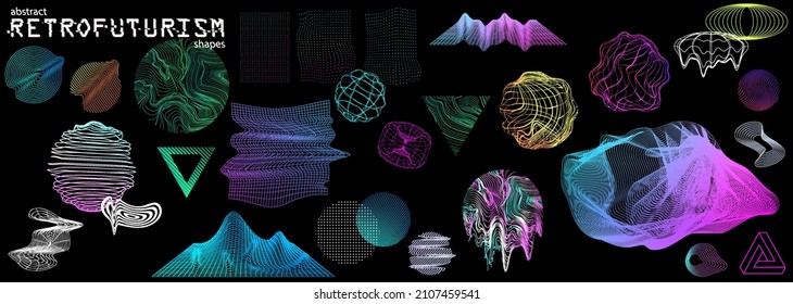 Vaporwave style shapes for 80s and 90s with glitch effect. Retro Futuristic 3D elements for trendy design. Graphic set old wave cyberpunk concept. Vector retro collection Neon and Glitch shapes