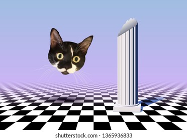 Vaporwave styled landscape with checkered floor, ancient column and flying cat head collage