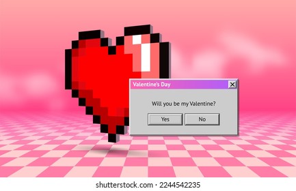 Vaporwave styled Valentine's Day greeting card with dialogue window asking romantic question. Pixel heart over the checkered floor in the surreal pastel landscape with retro computer theme from 90s.