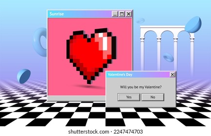 Vaporwave styled Valentine's Day greeting card with dialogue window asking romantic question. Pixel heart over the checkered floor in the surreal pastel landscape with retro computer theme from 90s.